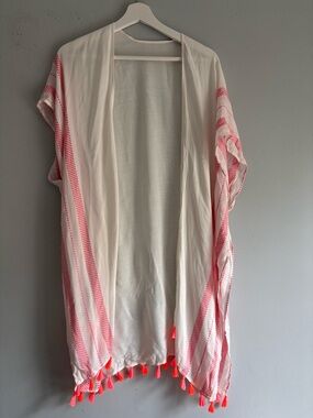 Modena Tassel Kimono Cover Up One Size White Pink Beach Boho